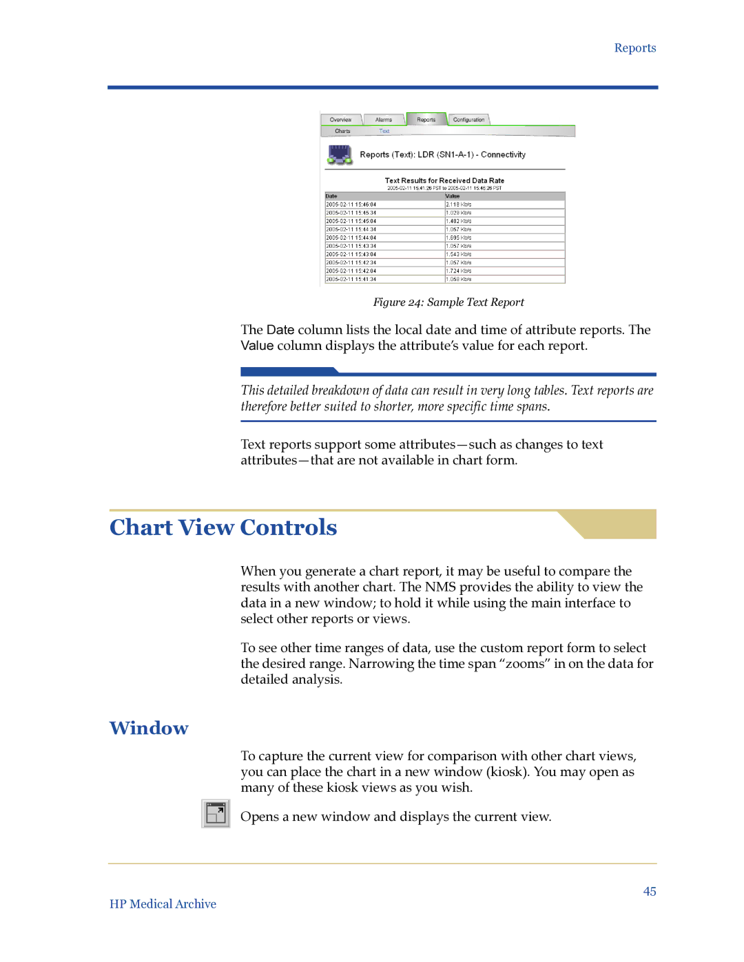 HP Medical Archive Solution manual Chart View Controls, Window 