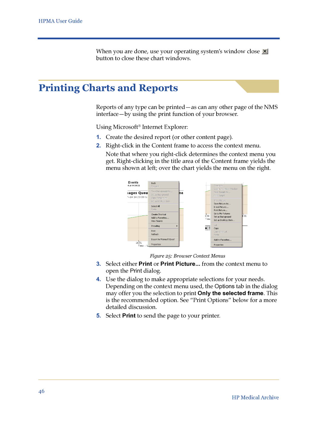 HP Medical Archive Solution manual Printing Charts and Reports, Browser Context Menus 