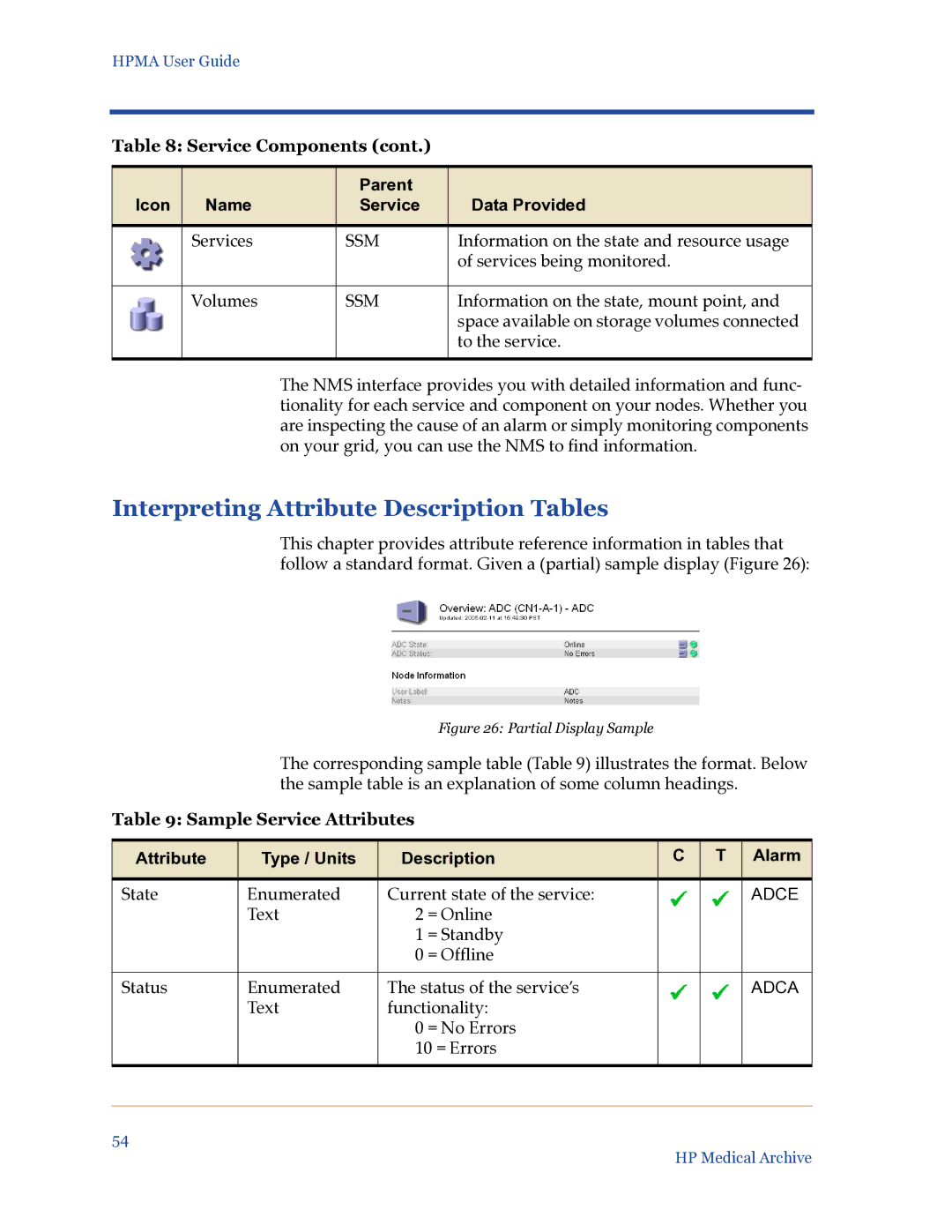 HP Medical Archive Solution manual Interpreting Attribute Description Tables, Sample Service Attributes 