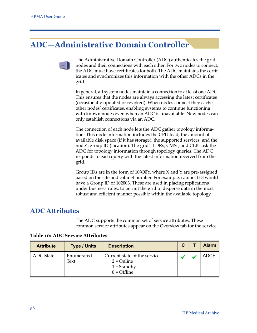 HP Medical Archive Solution manual ADC-Administrative Domain Controller, ADC Attributes, ADC Service Attributes 