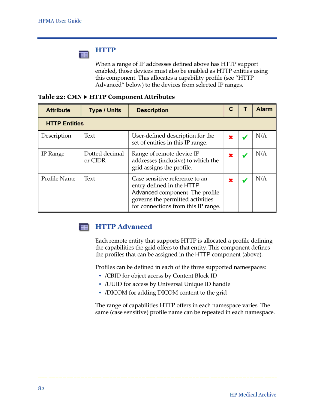 HP Medical Archive Solution manual Http Advanced, CMN X Http Component Attributes 