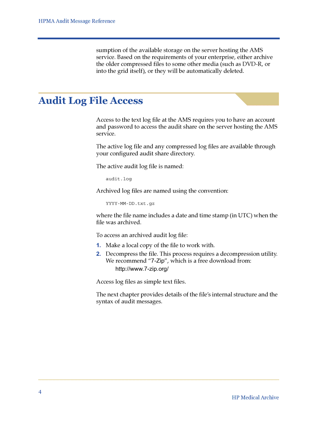 HP Medical Archive Solution manual Audit Log File Access 