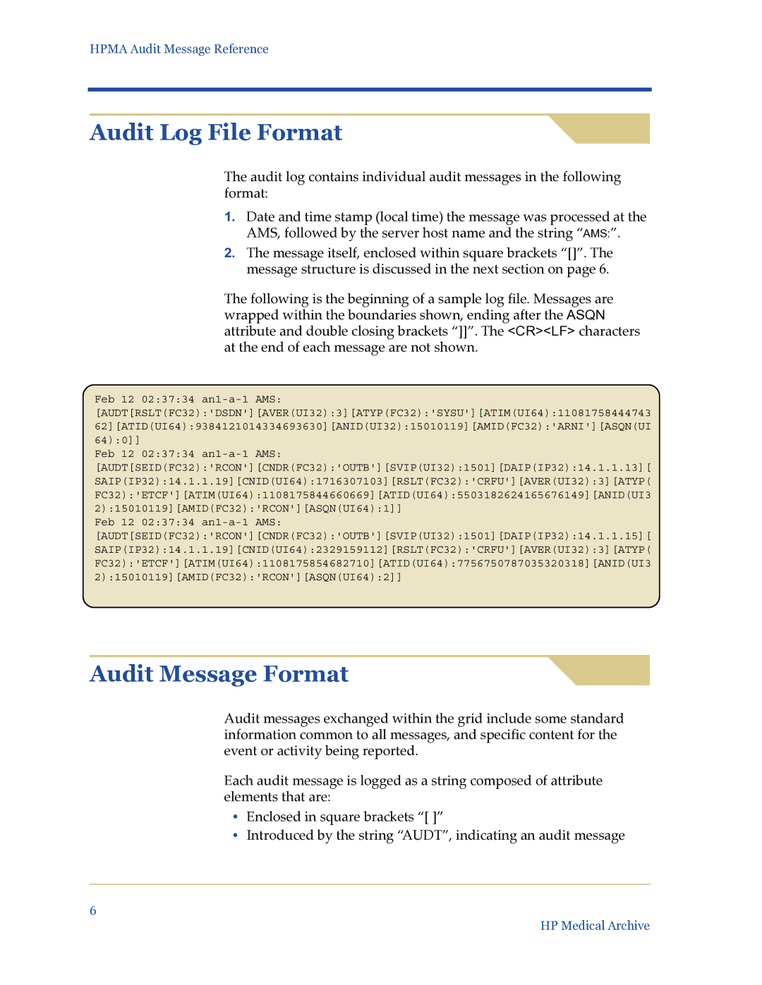 HP Medical Archive Solution manual Audit Log File Format, Audit Message Format 