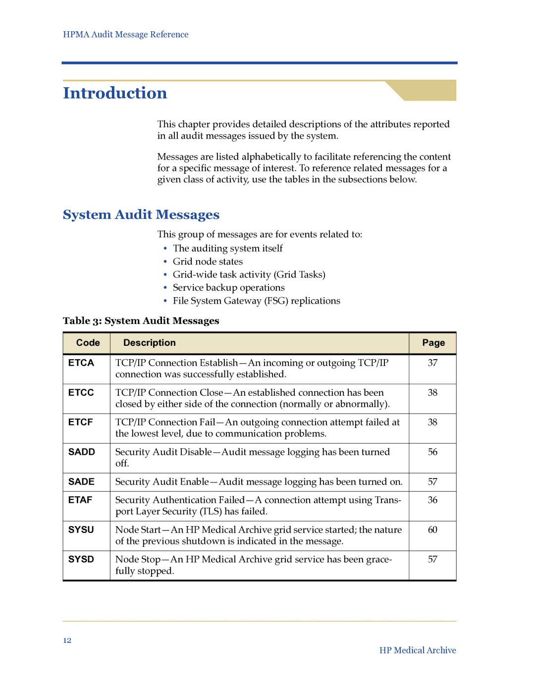 HP Medical Archive Solution manual Introduction, System Audit Messages 