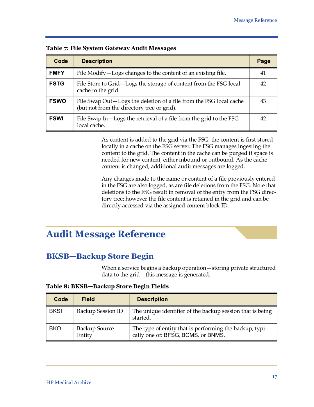 HP Medical Archive Solution manual Audit Message Reference, BKSB-Backup Store Begin Fields 