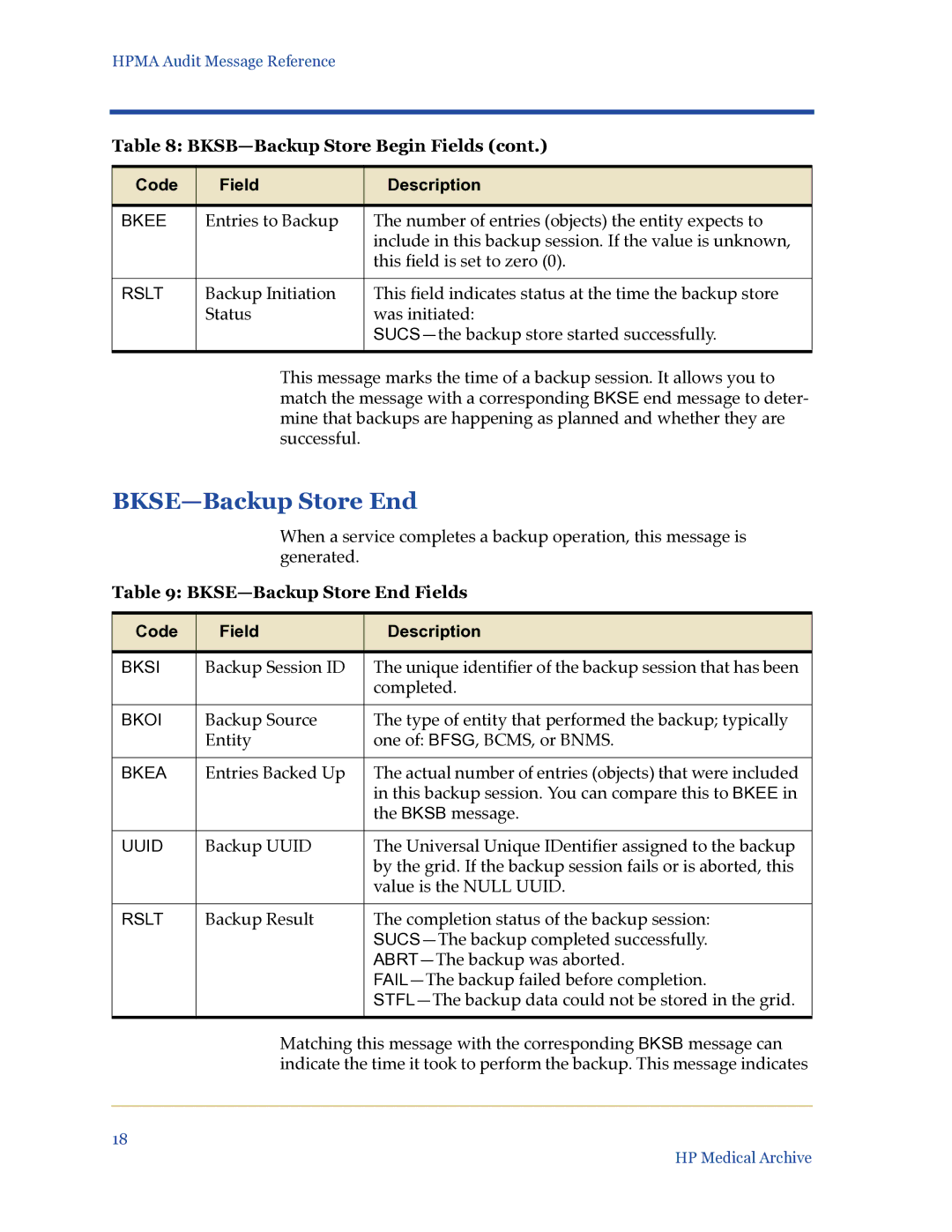 HP Medical Archive Solution manual BKSE-Backup Store End Fields 