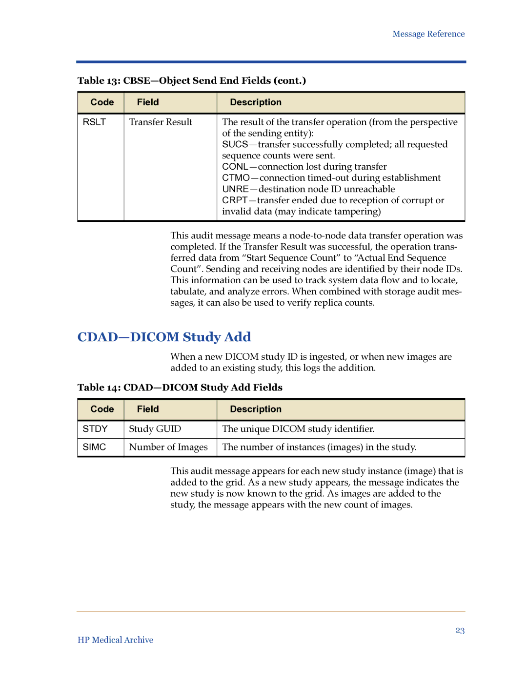 HP Medical Archive Solution manual CDAD-DICOM Study Add Fields 