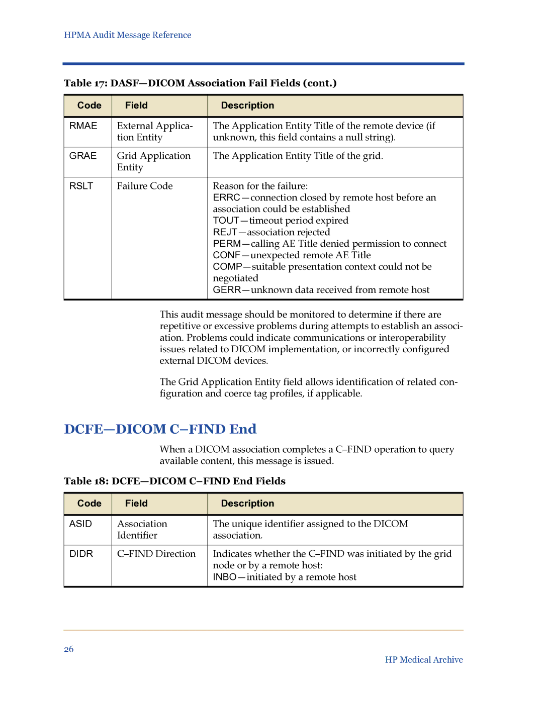 HP Medical Archive Solution manual DCFE-DICOM C-FIND End Fields 