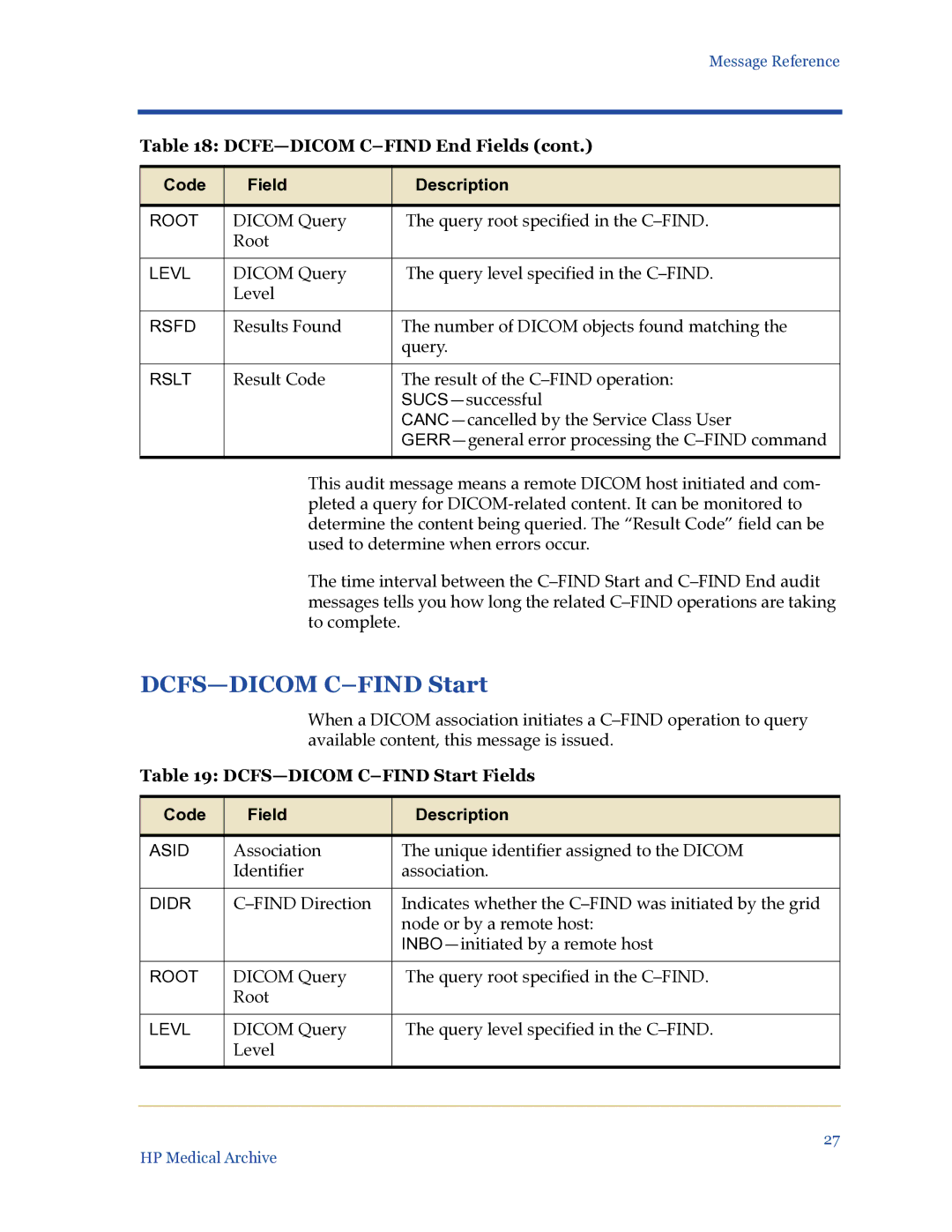 HP Medical Archive Solution manual DCFS-DICOM C-FIND Start Fields 