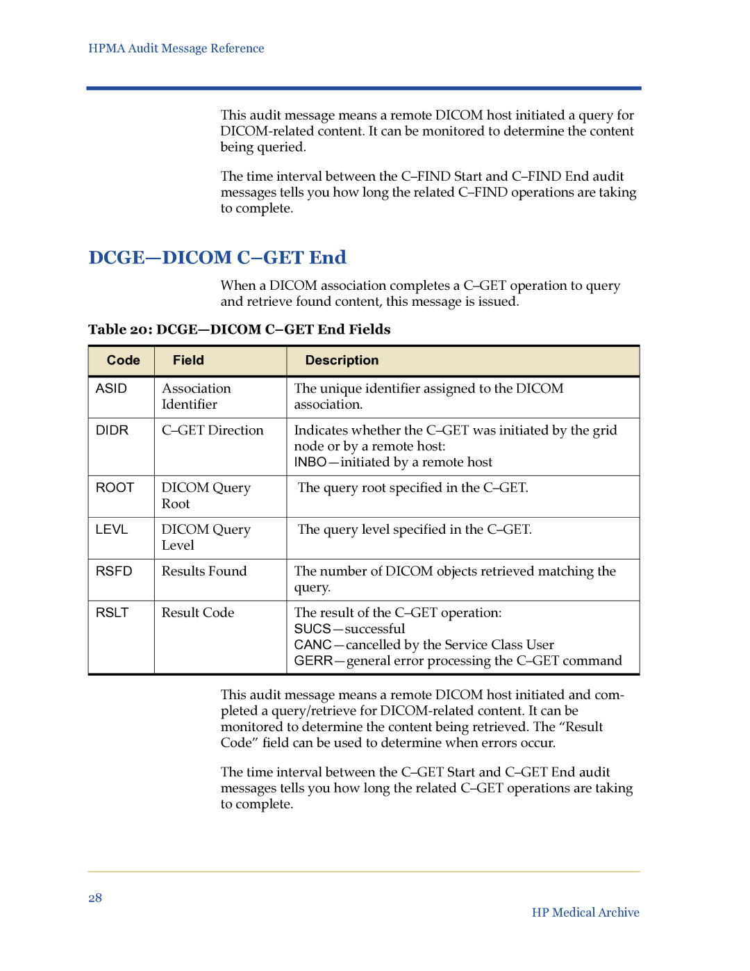 HP Medical Archive Solution manual DCGE-DICOM C-GET End Fields 