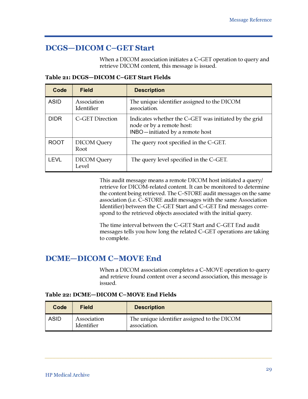 HP Medical Archive Solution manual DCGS-DICOM C-GET Start Fields, DCME-DICOM C-MOVE End Fields 