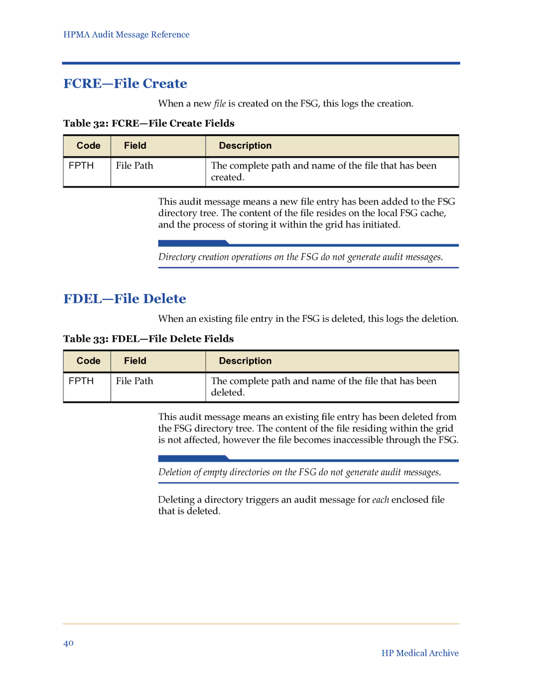 HP Medical Archive Solution manual FCRE-File Create Fields, FDEL-File Delete Fields, Fpth 