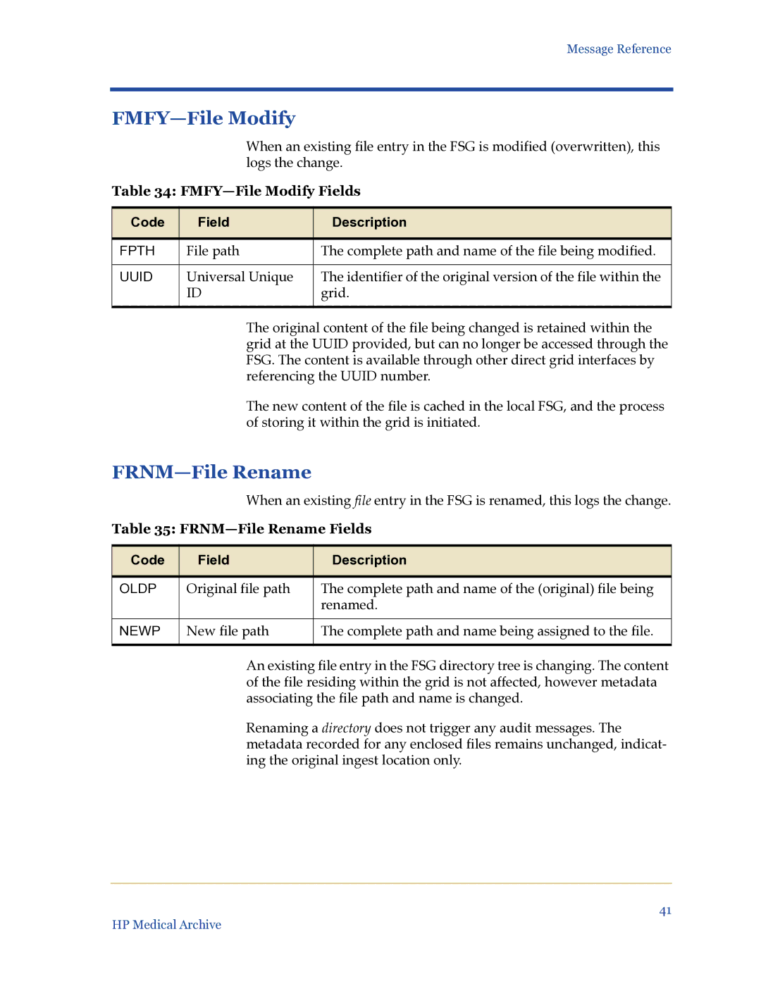 HP Medical Archive Solution manual FMFY-File Modify Fields, FRNM-File Rename Fields 