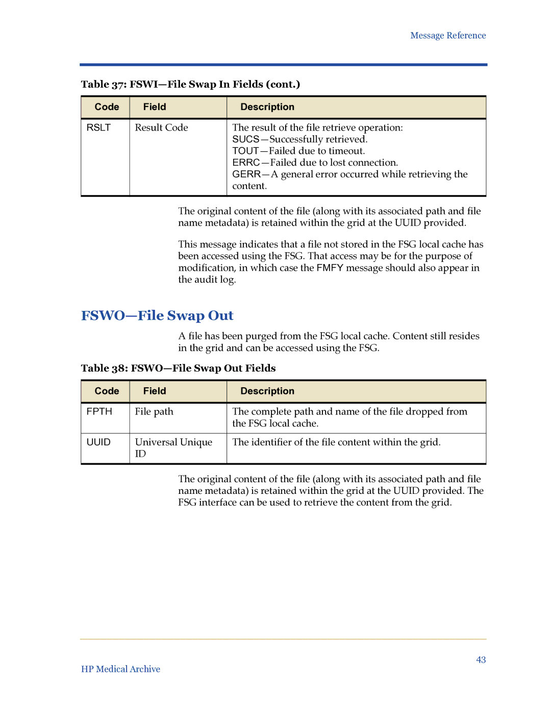 HP Medical Archive Solution manual FSWO-File Swap Out Fields 