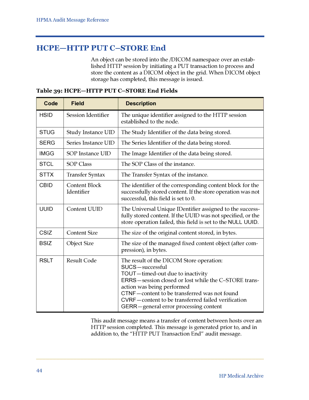 HP Medical Archive Solution manual HCPE-HTTP PUT C-STORE End Fields 