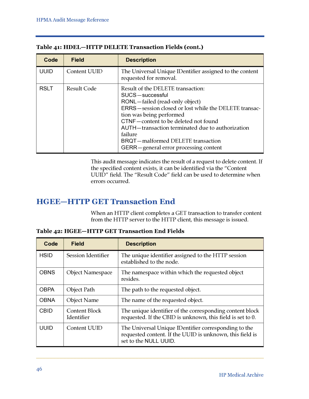 HP Medical Archive Solution manual HGEE-HTTP GET Transaction End Fields 