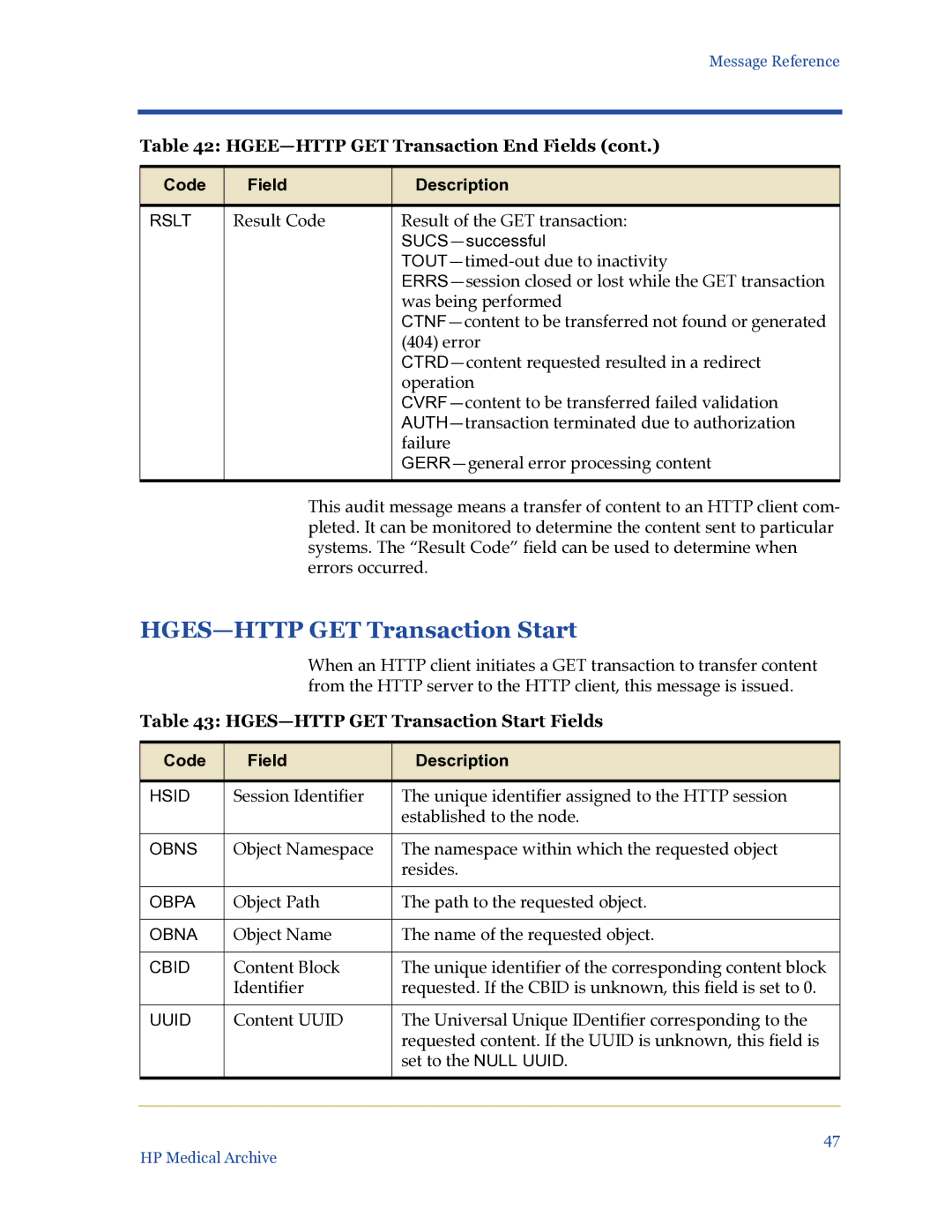 HP Medical Archive Solution manual HGES-HTTP GET Transaction Start Fields 