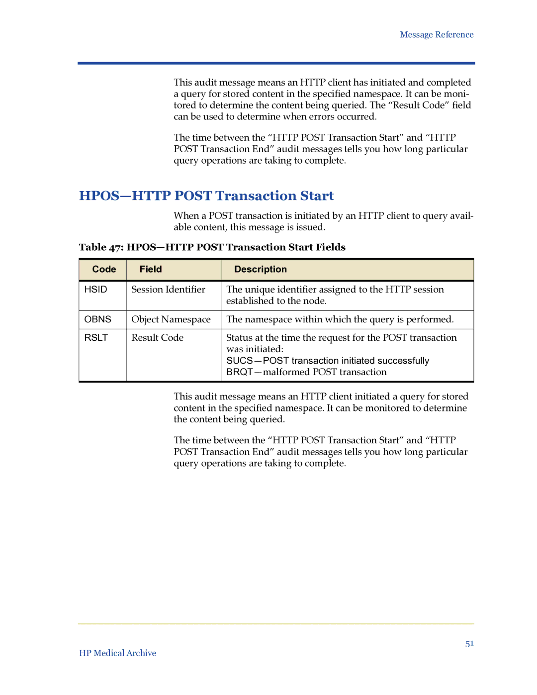 HP Medical Archive Solution manual HPOS-HTTP Post Transaction Start Fields 