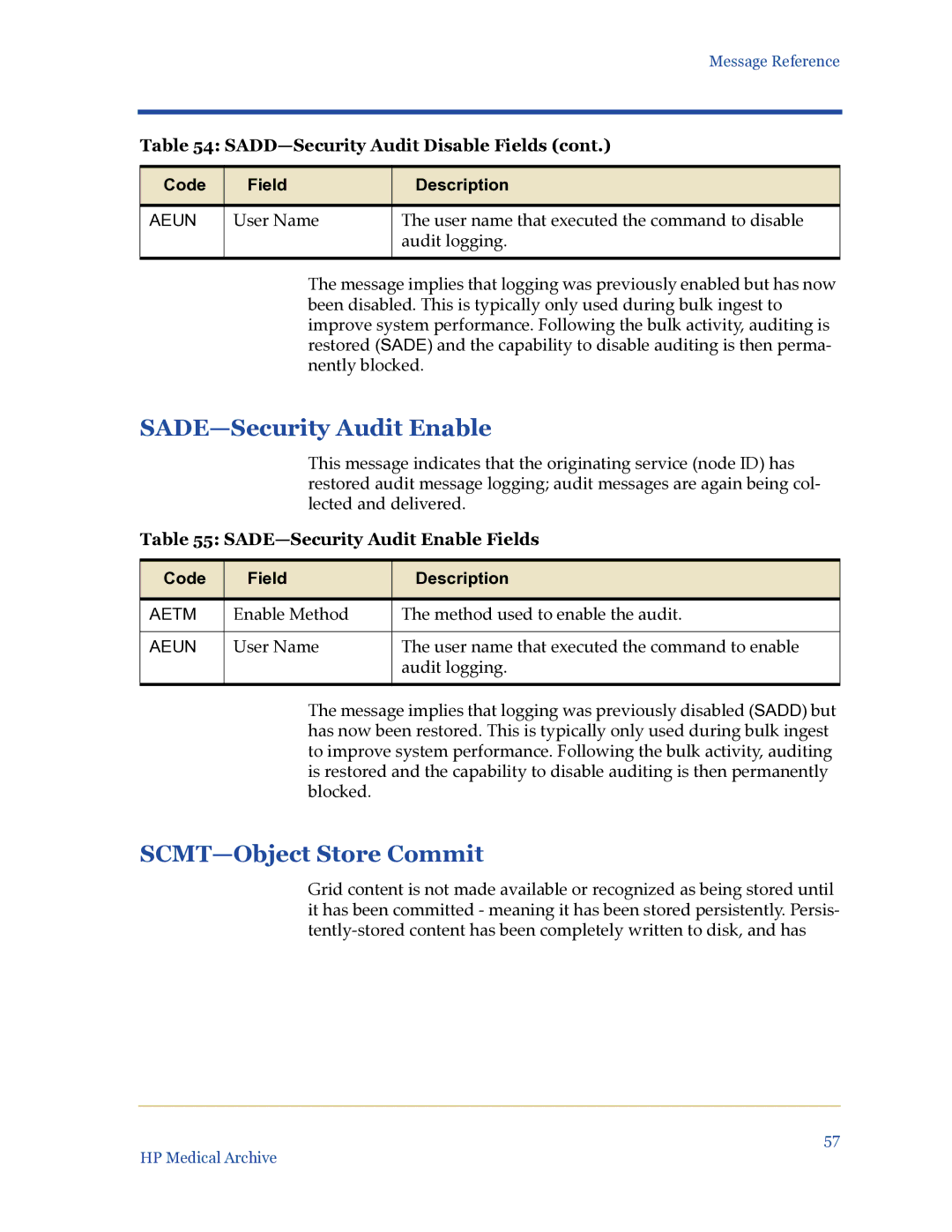 HP Medical Archive Solution manual SCMT-Object Store Commit, Aeun, SADE-Security Audit Enable Fields 