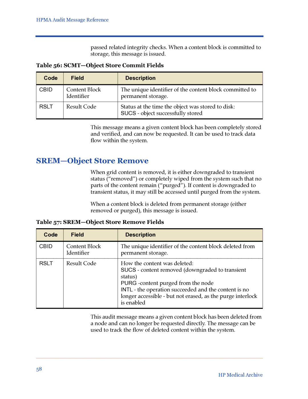 HP Medical Archive Solution manual SCMT-Object Store Commit Fields, SREM-Object Store Remove Fields 