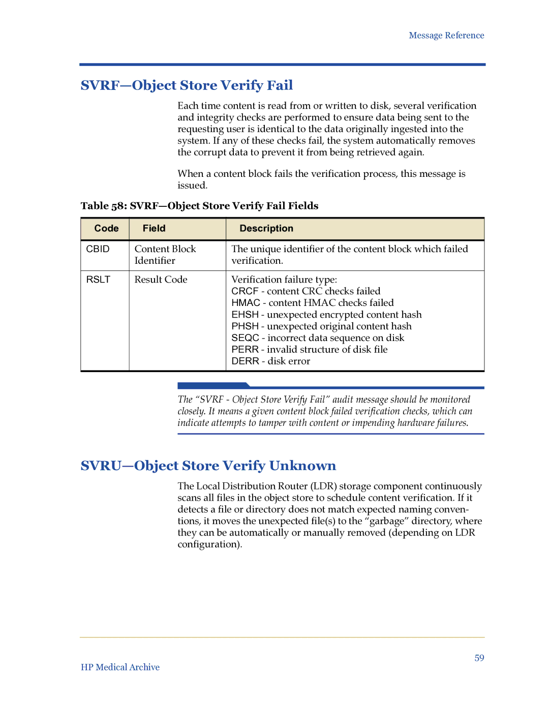 HP Medical Archive Solution manual SVRF-Object Store Verify Fail, SVRU-Object Store Verify Unknown 