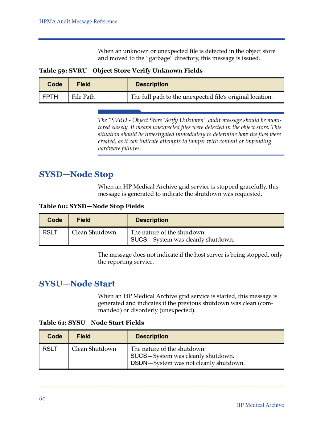 HP Medical Archive Solution manual SYSD-Node Stop, SYSU-Node Start, SVRU-Object Store Verify Unknown Fields 