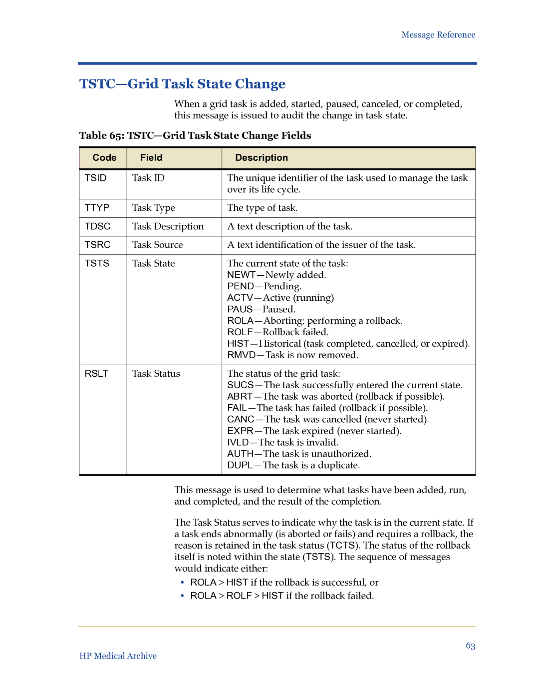 HP Medical Archive Solution manual TSTC-Grid Task State Change Fields 