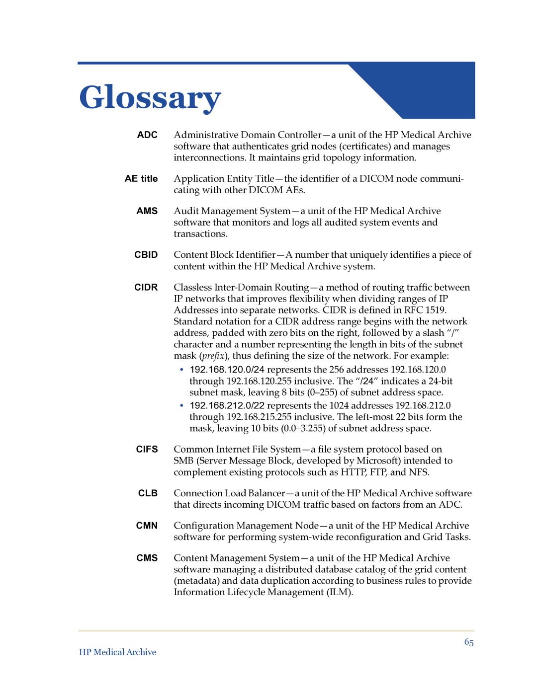 HP Medical Archive Solution manual Glossary 