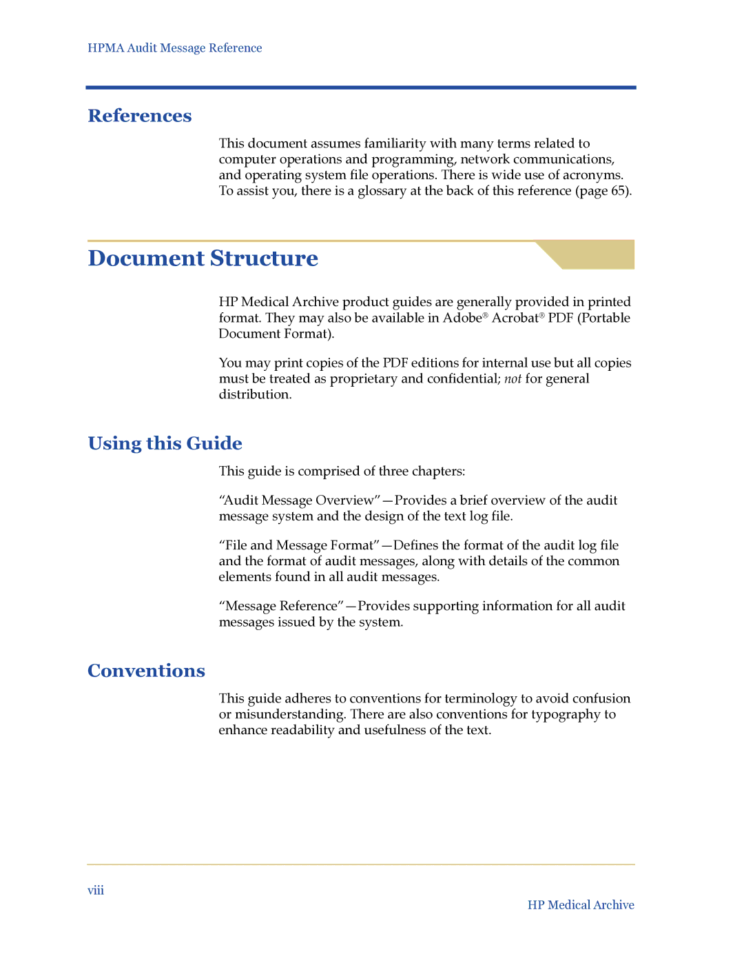 HP Medical Archive Solution manual Document Structure, References, Using this Guide, Conventions 