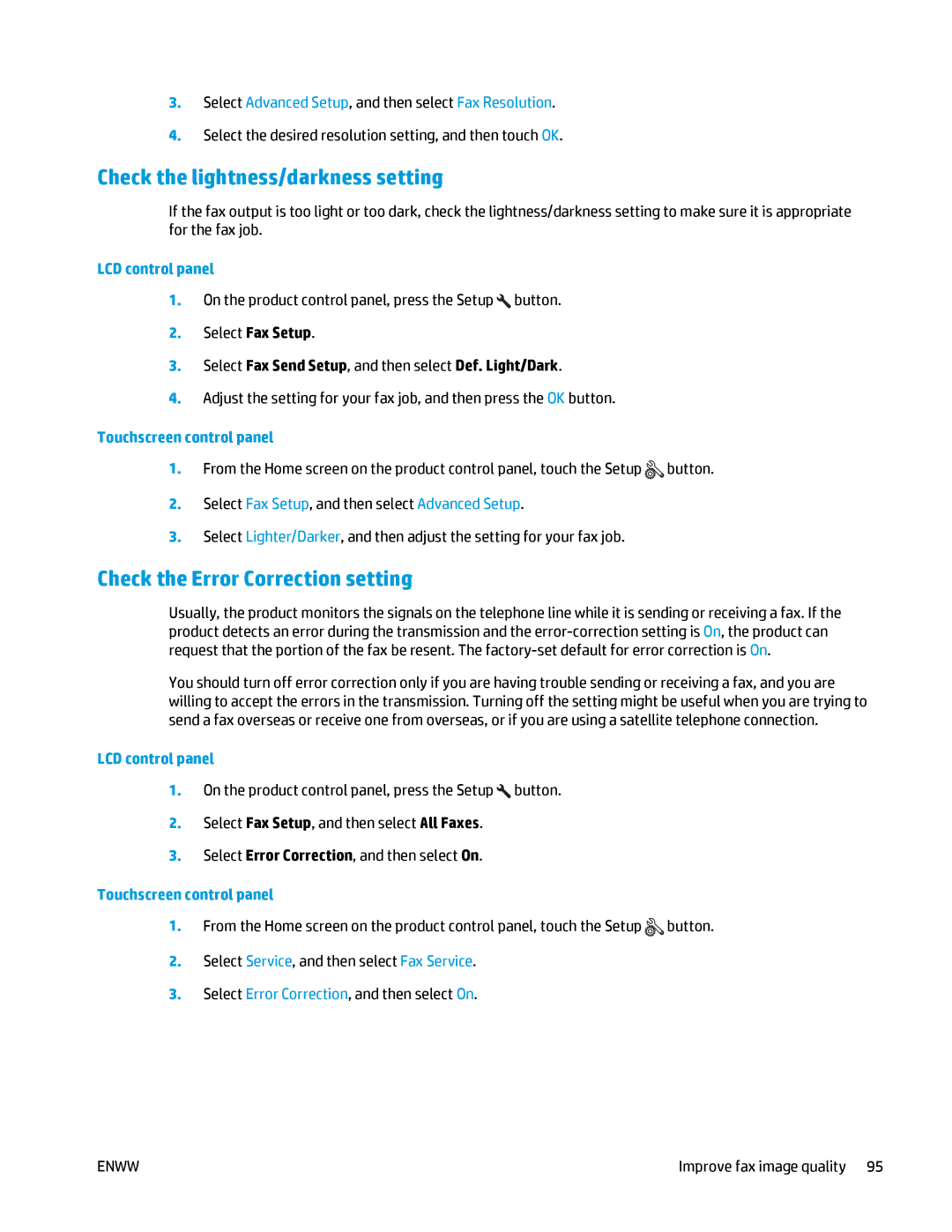 HP MFP M125 manual Check the lightness/darkness setting, Check the Error Correction setting 