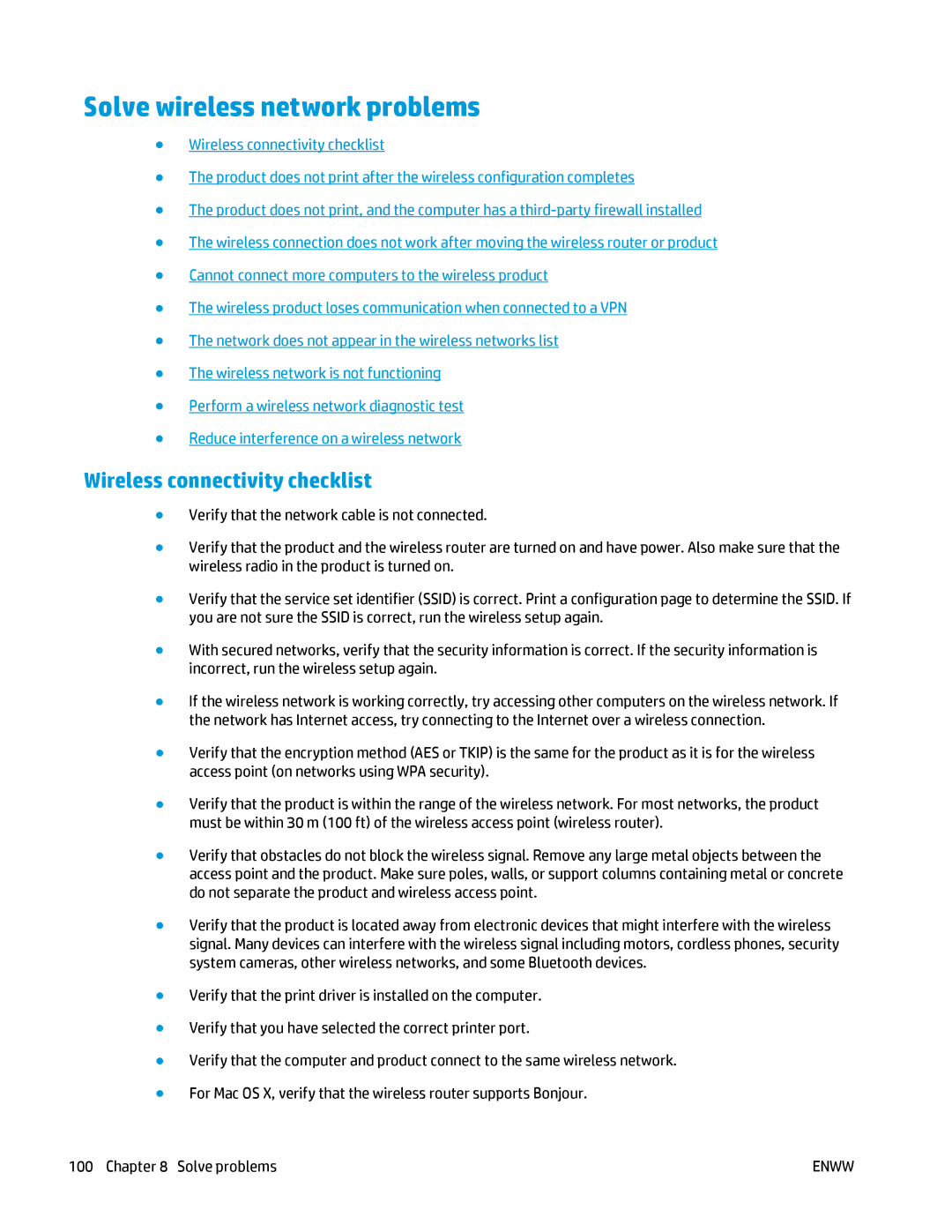 HP MFP M125 manual Solve wireless network problems, Wireless connectivity checklist 