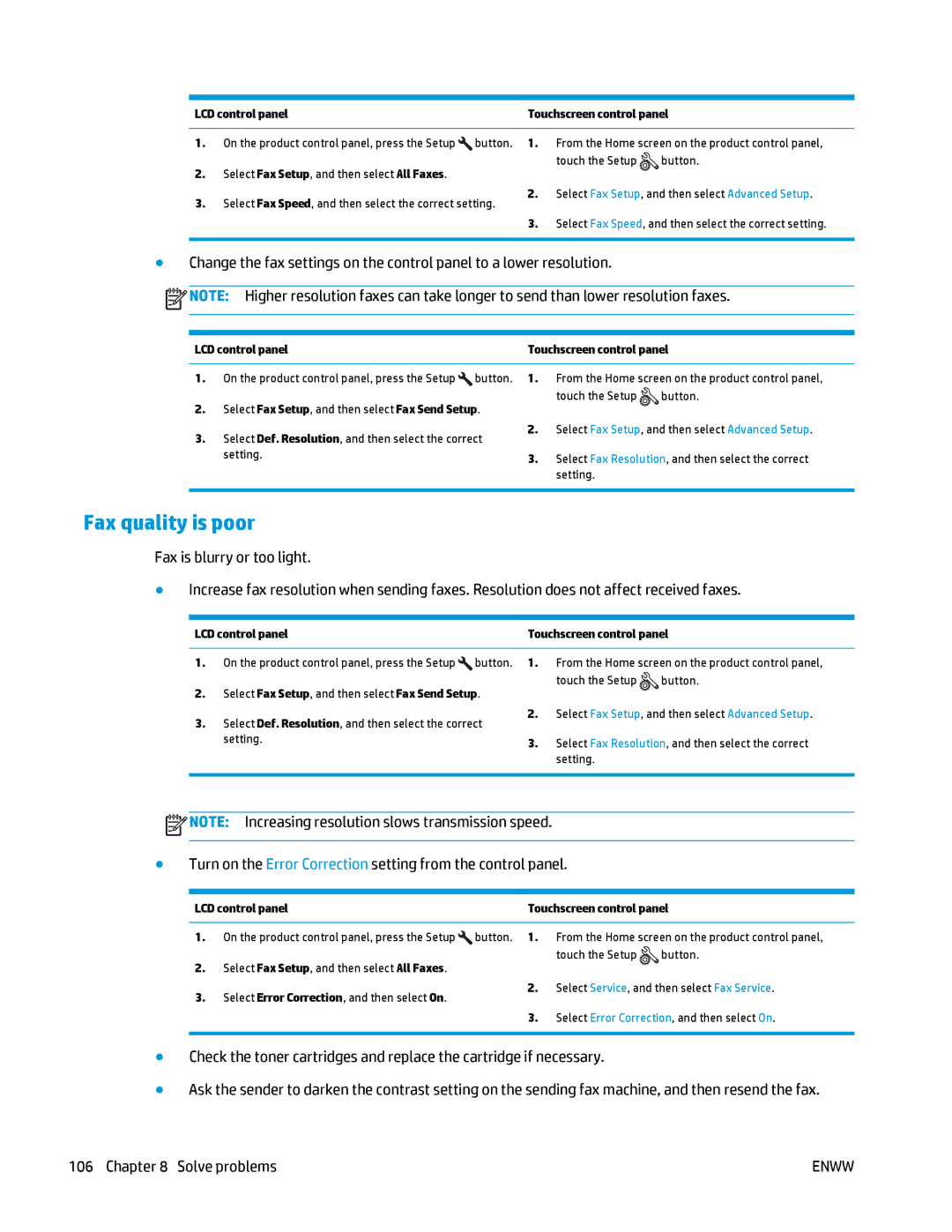 HP MFP M125 manual Fax quality is poor, Turn on the Error Correction setting from the control panel 