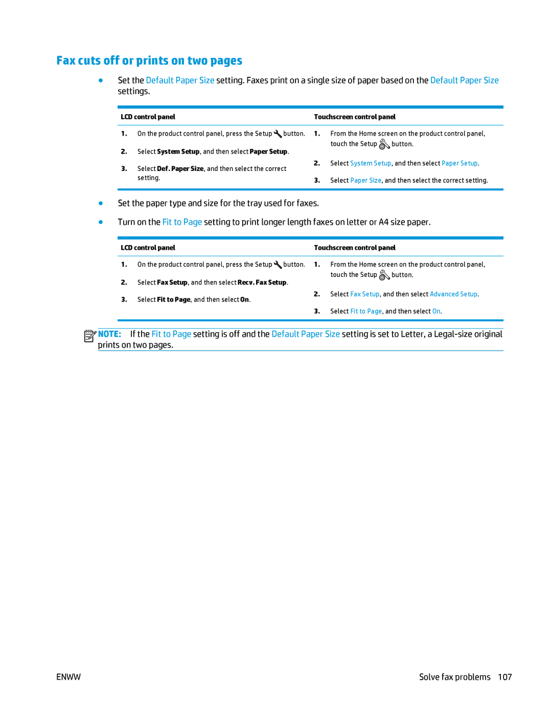 HP MFP M125 manual Fax cuts off or prints on two pages, Touch the Setup Button 