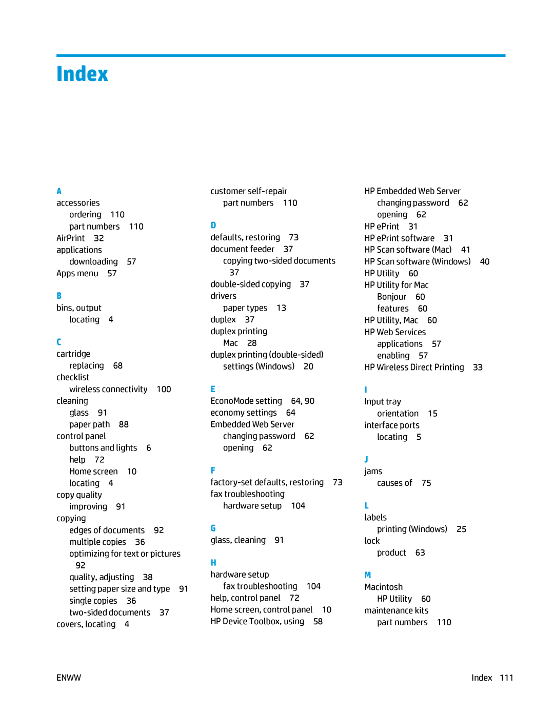 HP MFP M125 manual Index, Macintosh 