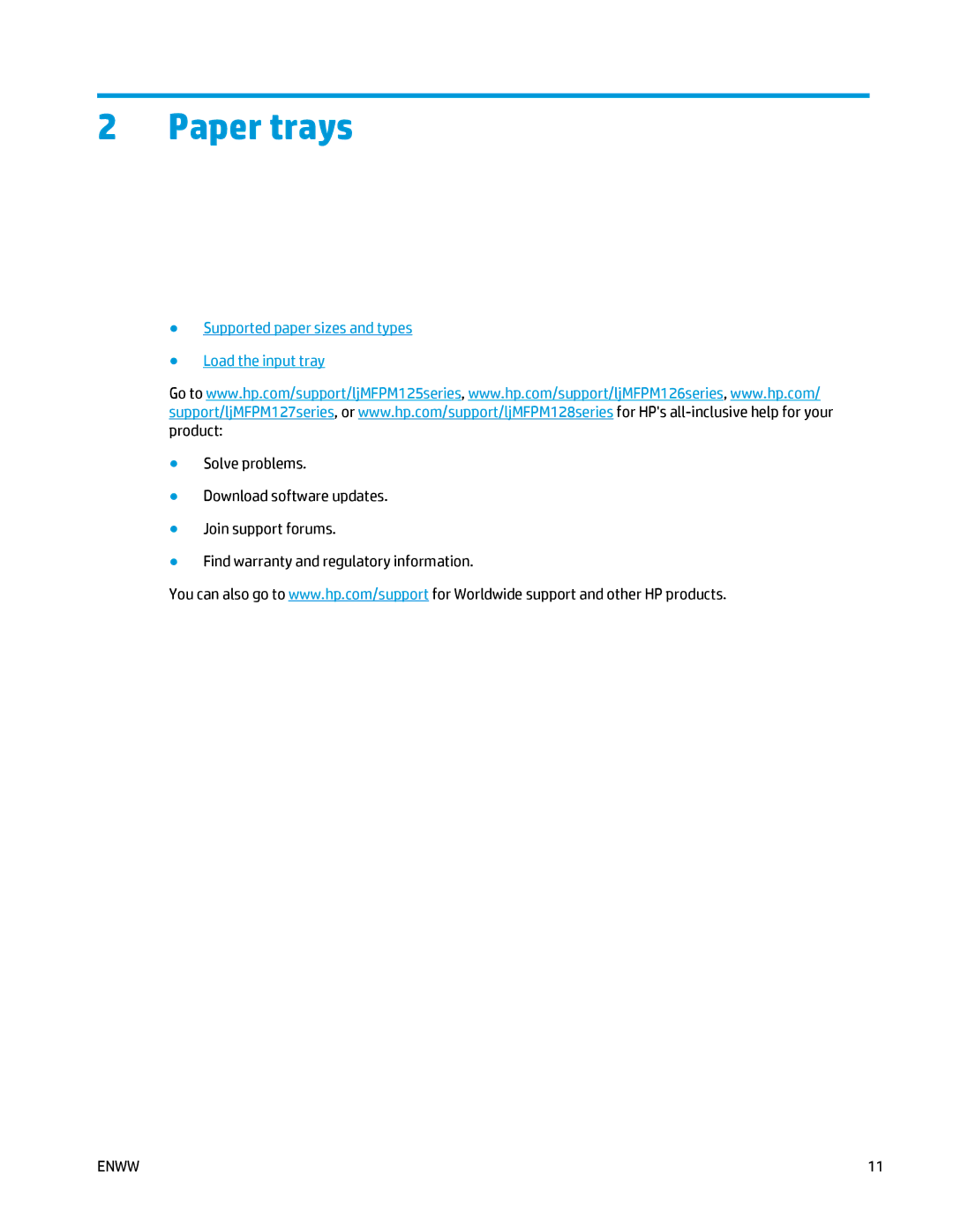 HP MFP M125 manual Paper trays, Supported paper sizes and types Load the input tray 