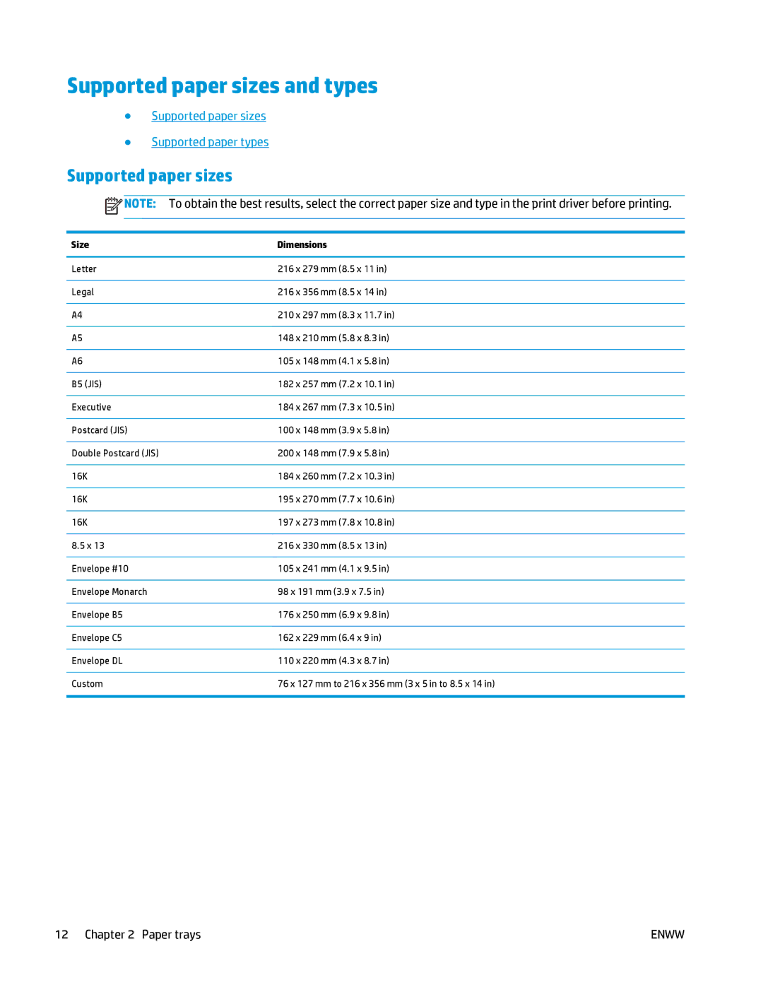 HP MFP M125 manual Supported paper sizes and types, Supported paper sizes Supported paper types 