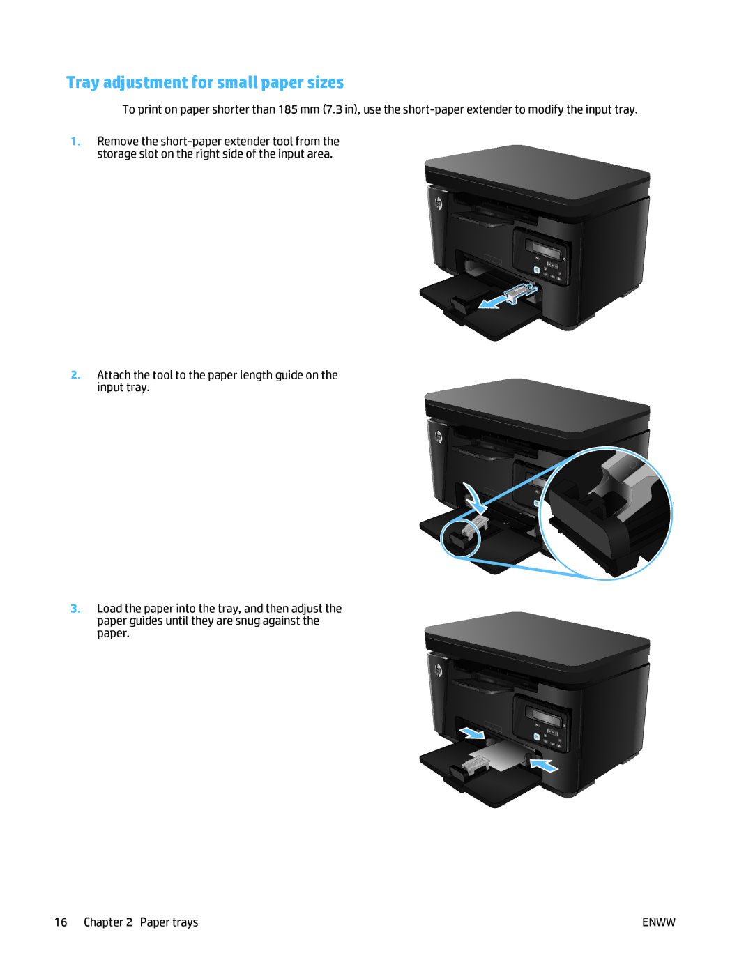 HP MFP M125 manual Tray adjustment for small paper sizes 