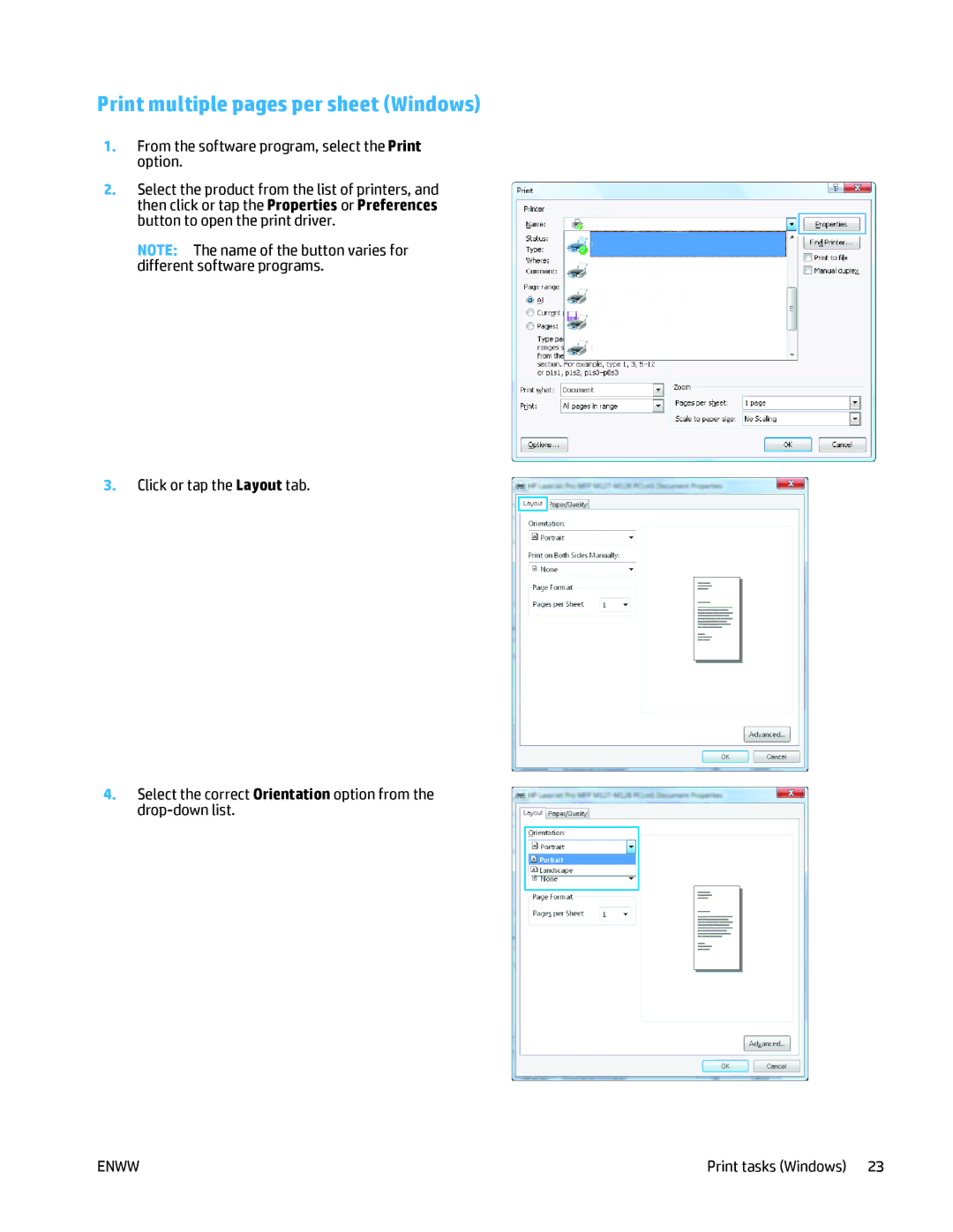 HP MFP M125 manual Print multiple pages per sheet Windows 