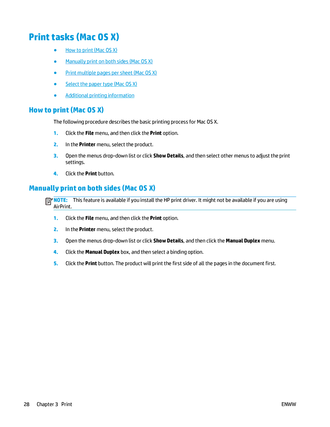 HP MFP M125 manual Print tasks Mac OS, How to print Mac OS, Manually print on both sides Mac OS 