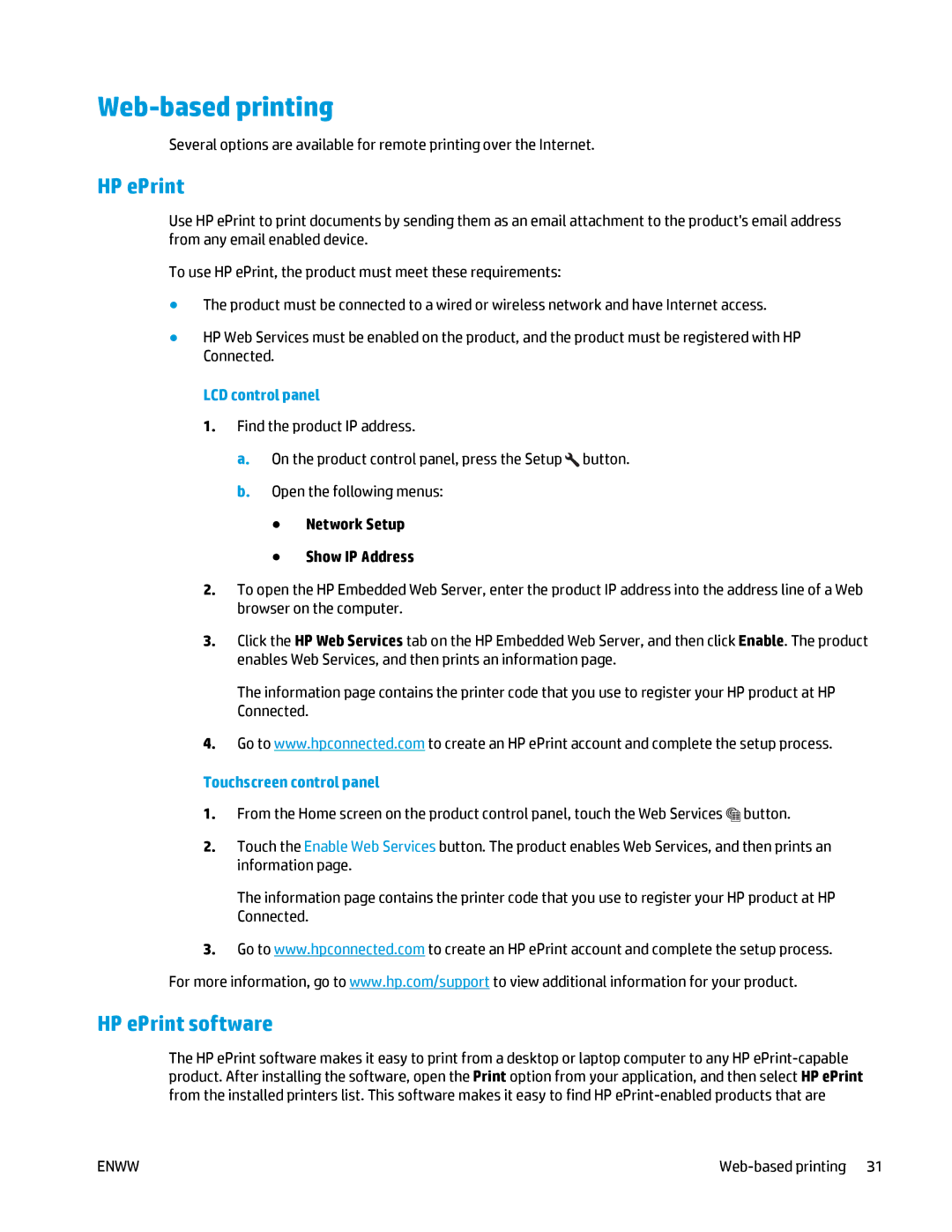 HP MFP M125 manual Web-based printing, HP ePrint software 