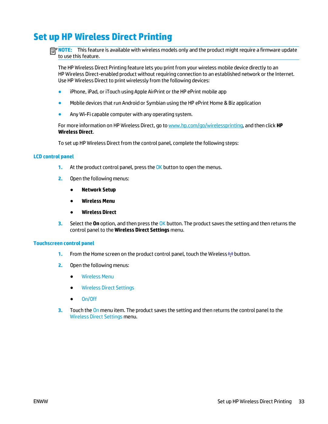 HP MFP M125 manual Set up HP Wireless Direct Printing, Wireless Menu Wireless Direct Settings On/Off 