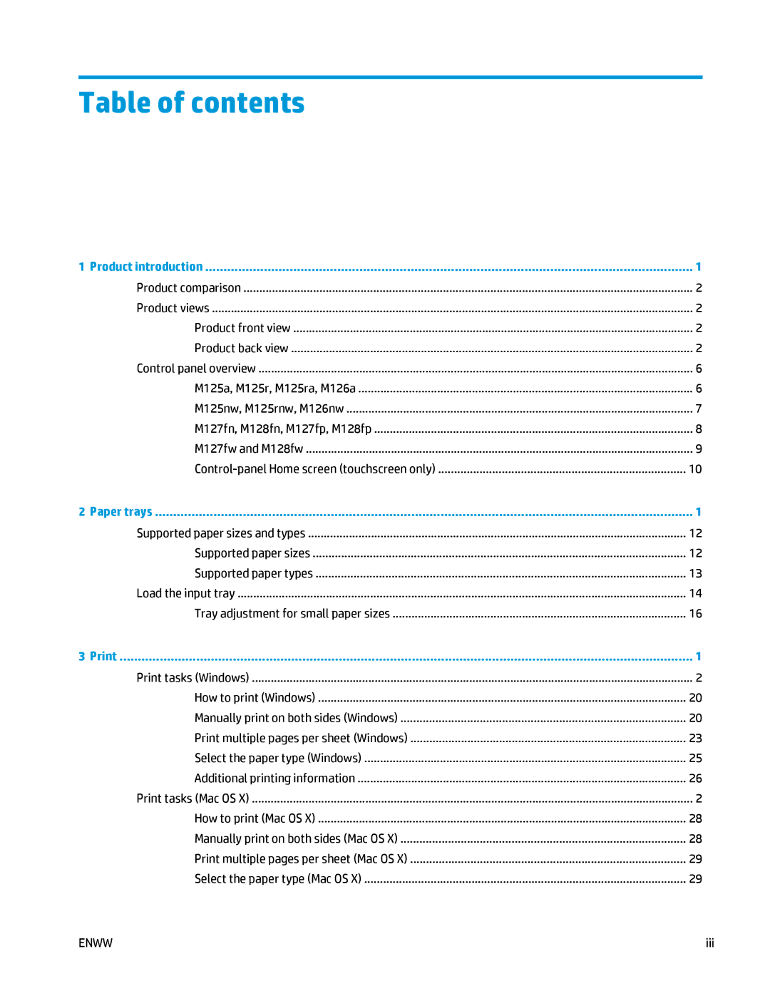 HP MFP M125 manual Table of contents 