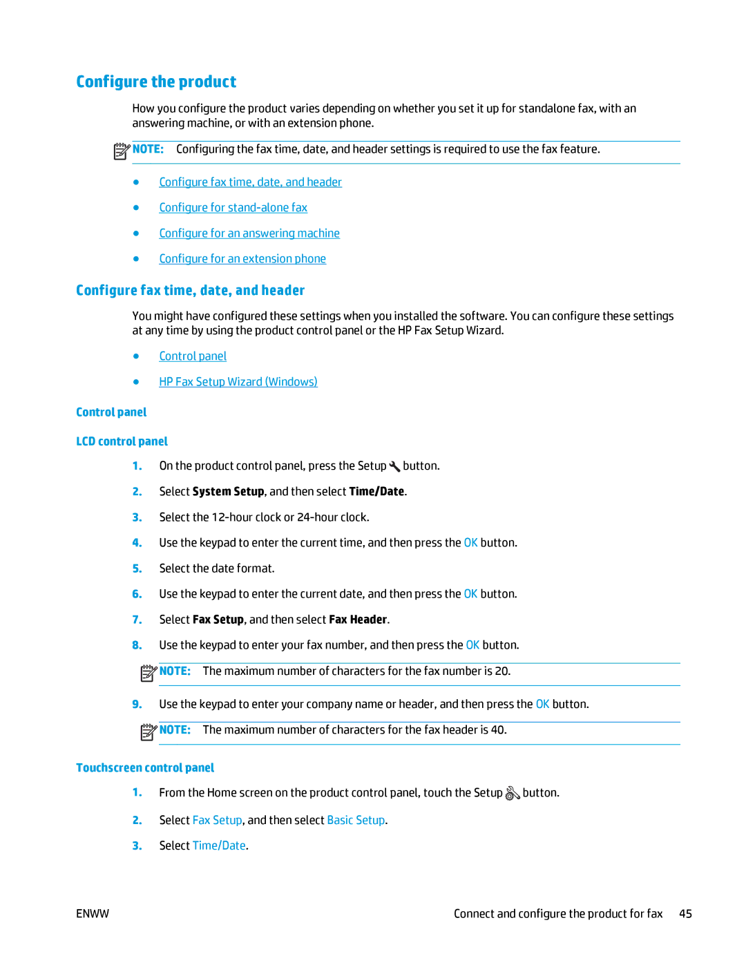 HP MFP M125 manual Configure the product, Control panel HP Fax Setup Wizard Windows, Select Time/Date 