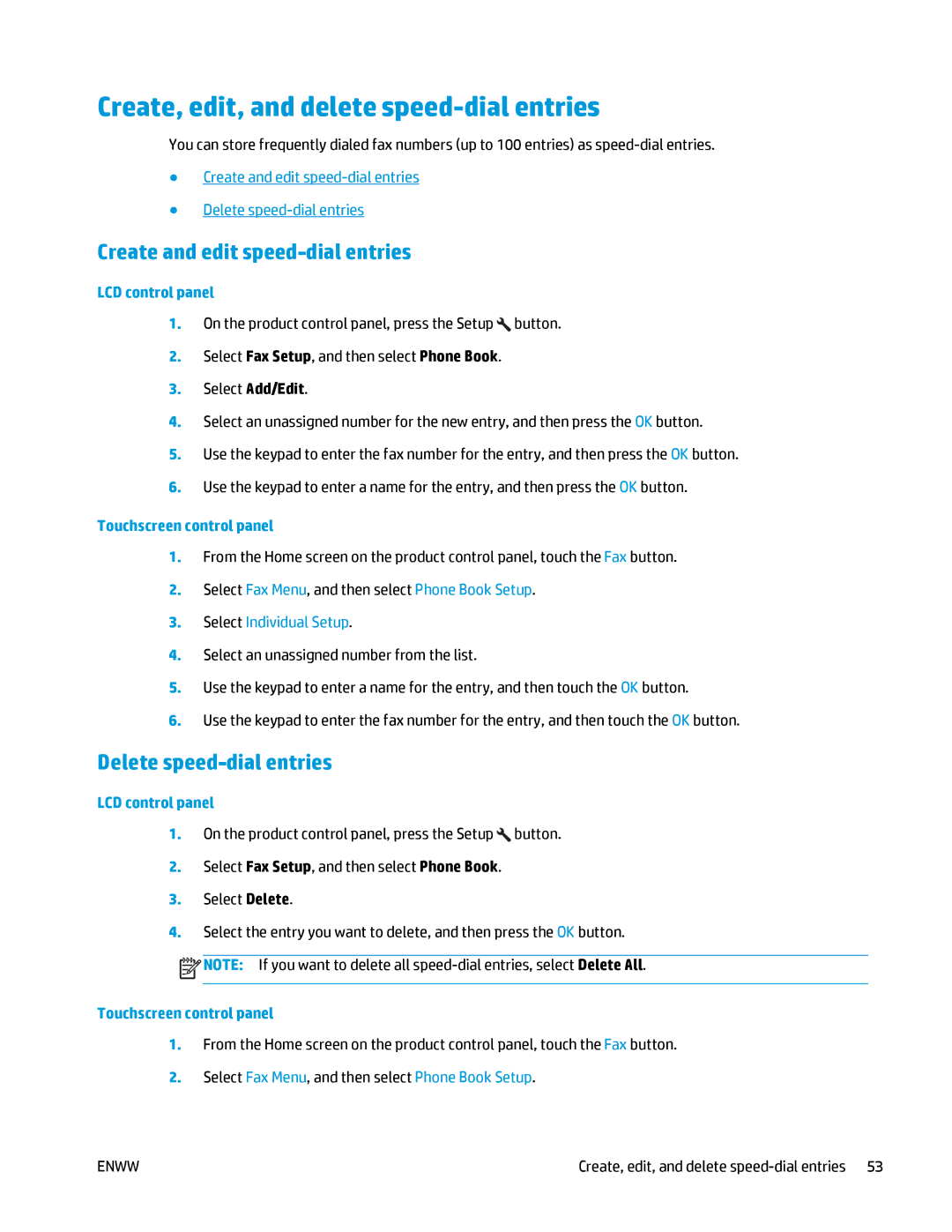 HP MFP M125 Create, edit, and delete speed-dial entries, Create and edit speed-dial entries, Delete speed-dial entries 