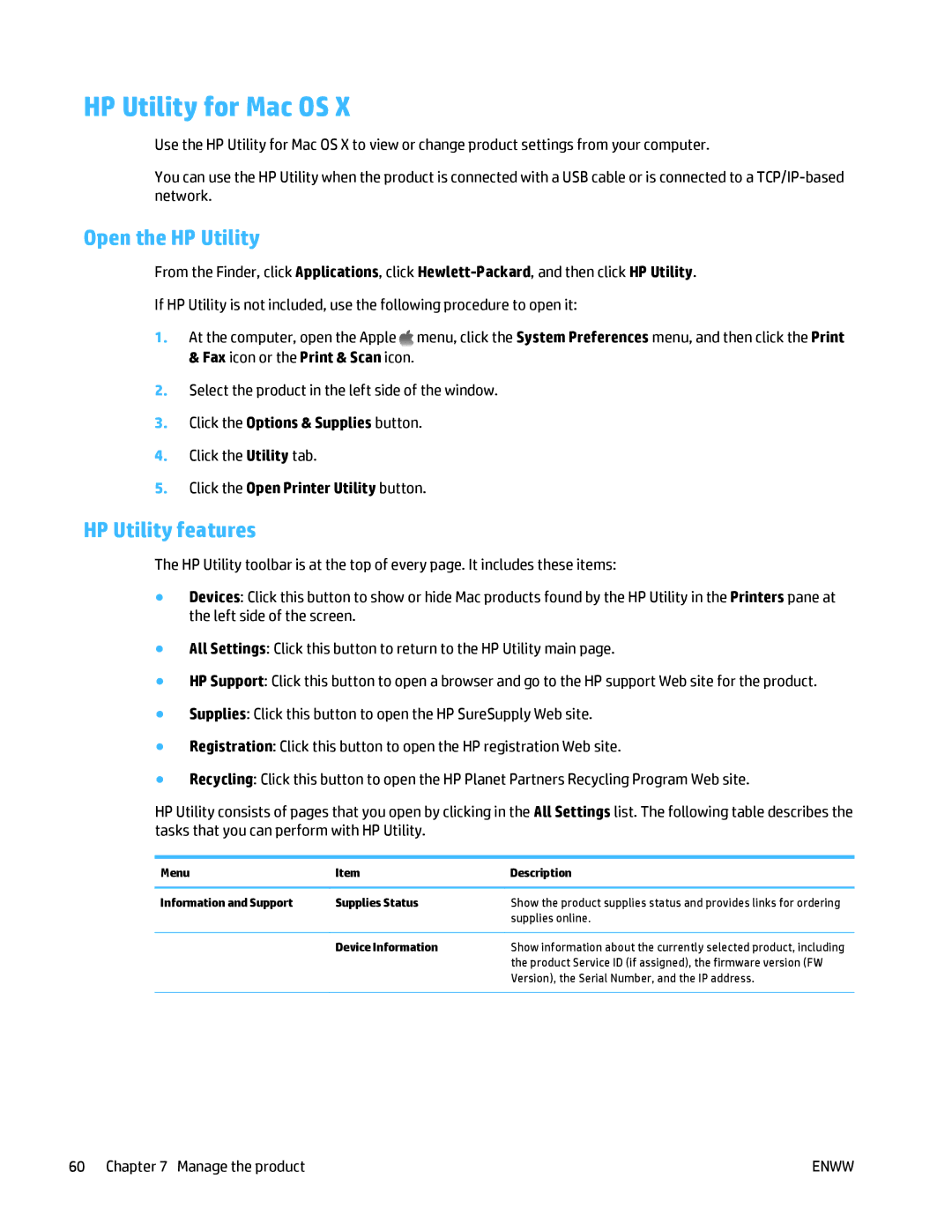 HP MFP M125 manual HP Utility for Mac OS, Open the HP Utility, HP Utility features 