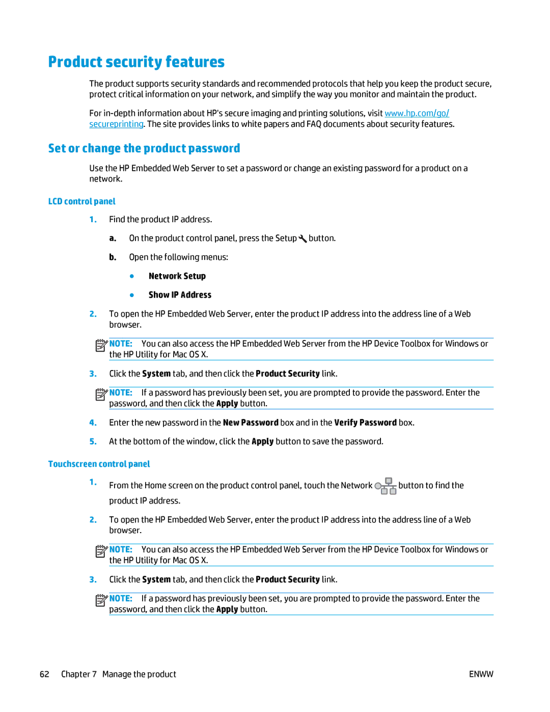 HP MFP M125 manual Product security features, Set or change the product password 