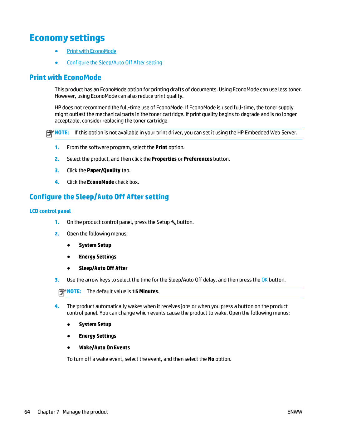 HP MFP M125 manual Economy settings, Print with EconoMode, Configure the Sleep/Auto Off After setting 