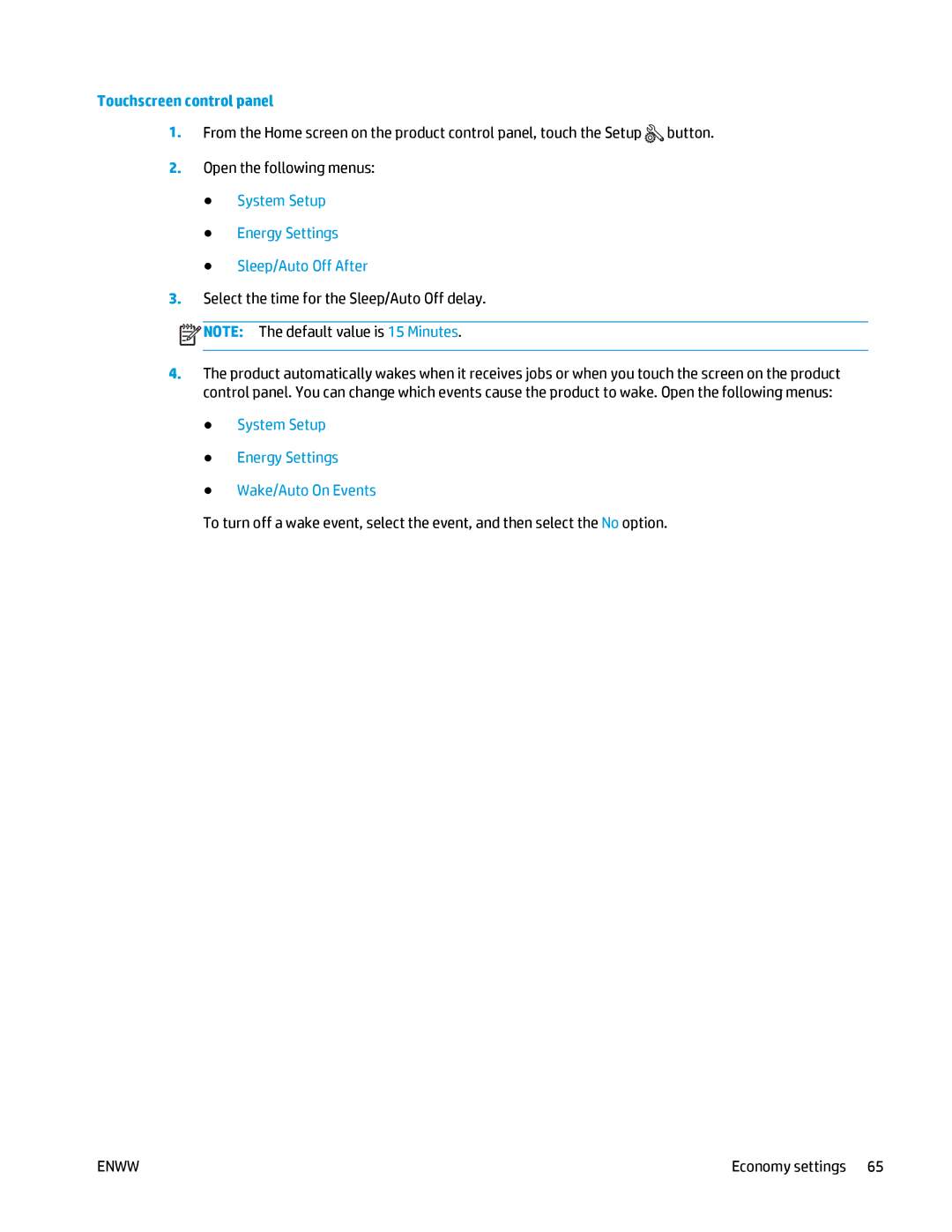 HP MFP M125 manual System Setup Energy Settings Sleep/Auto Off After, System Setup Energy Settings Wake/Auto On Events 