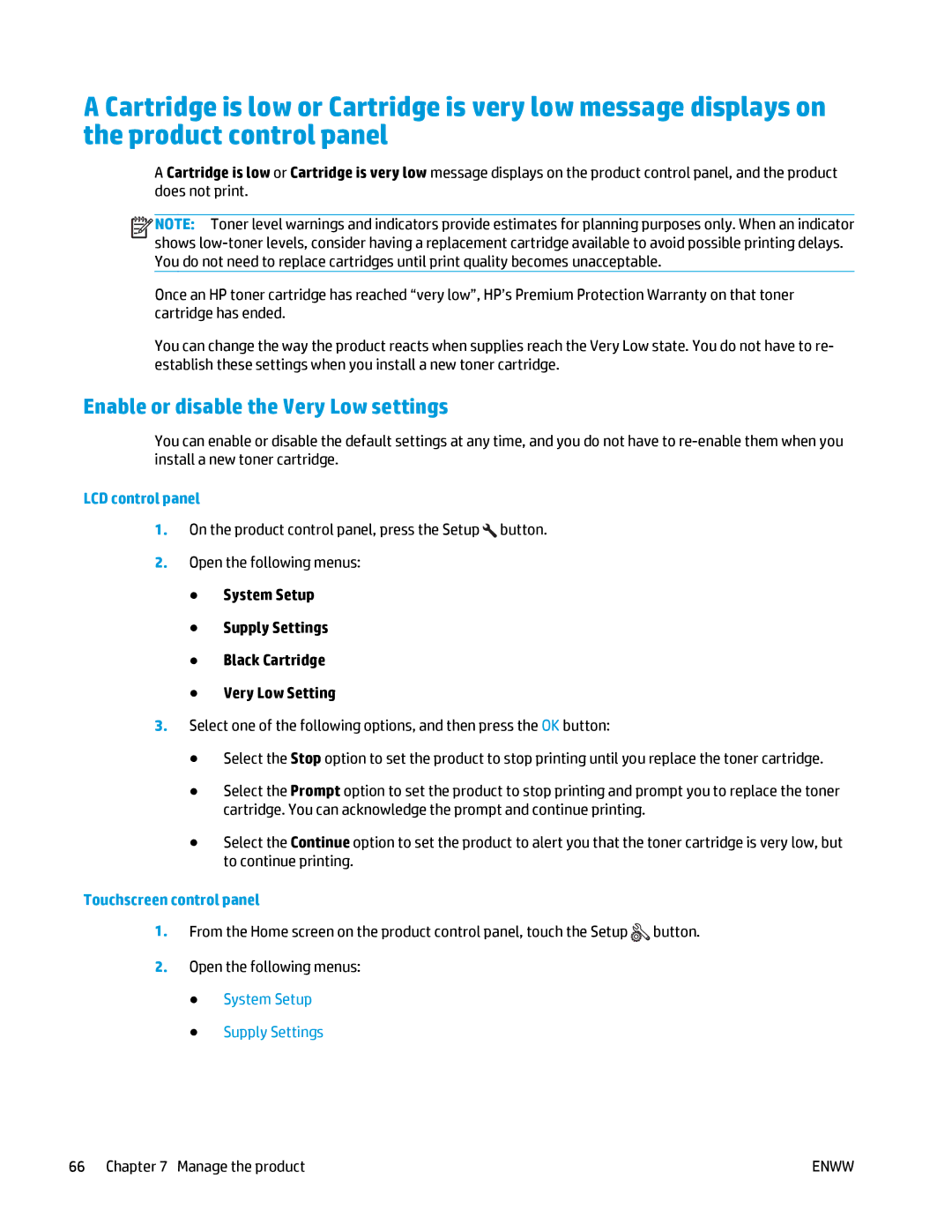 HP MFP M125 manual Enable or disable the Very Low settings, System Setup Supply Settings 