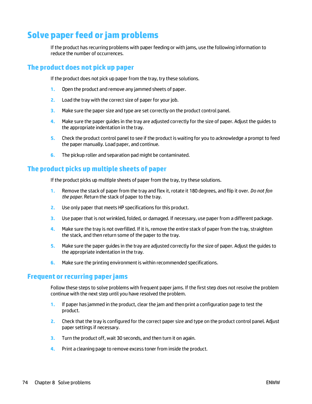 HP MFP M125 Solve paper feed or jam problems, Product does not pick up paper, Product picks up multiple sheets of paper 